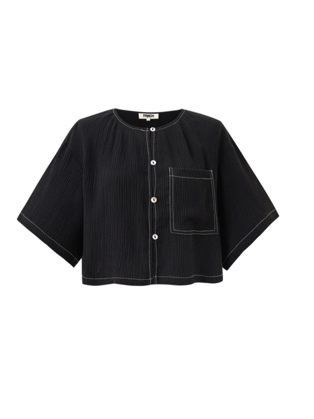 FRNCH Black Cropped Button-Down Shirt with Contrast Stitching